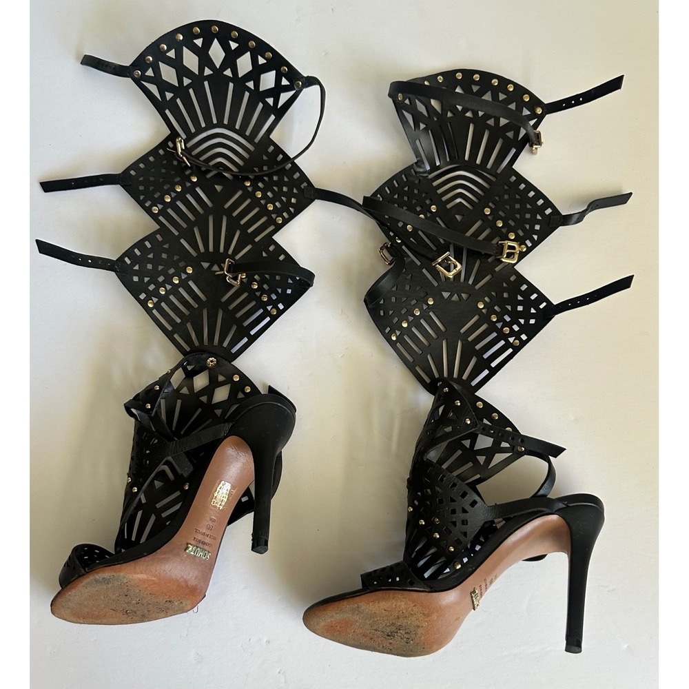 Schutz Brasiliana Gladiator Sandals Black Leather Laser Cut Removable Piece 8B - Picture 9 of 16